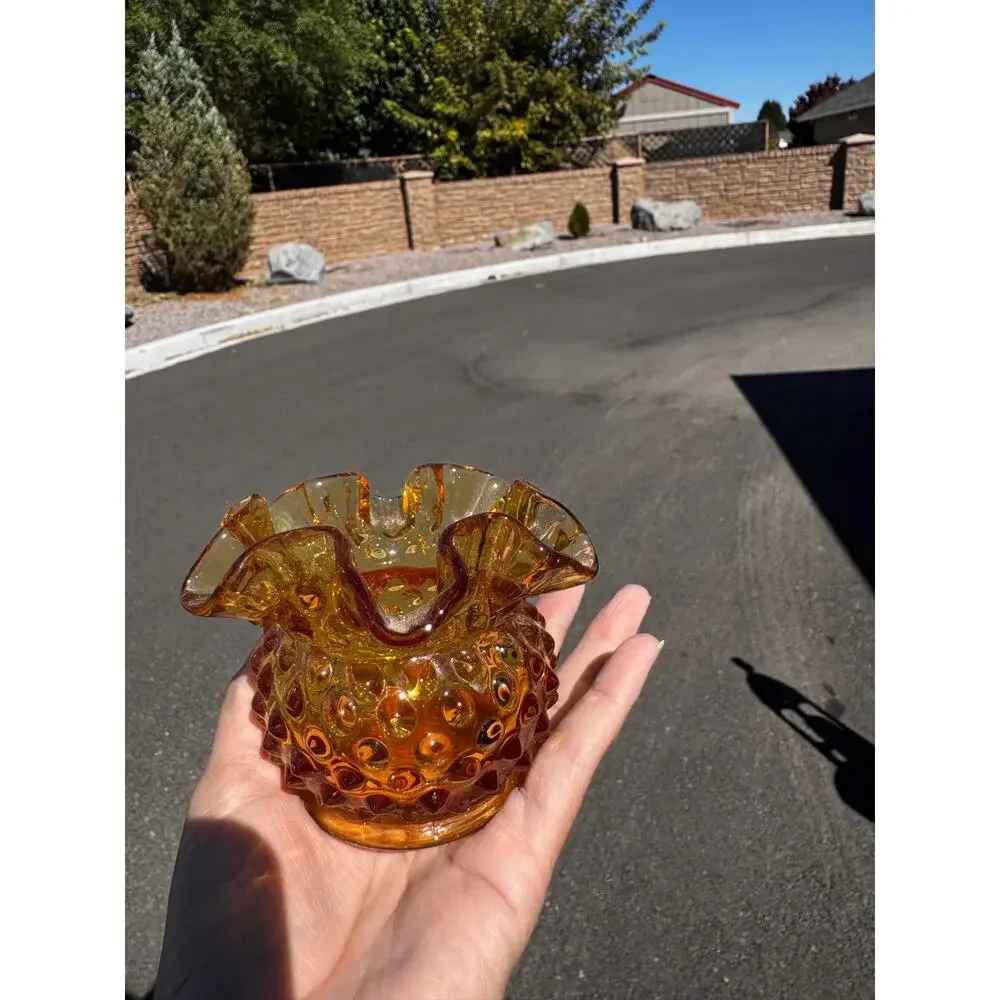 Fenton Art Glass Colonial Amber Hobnail mini vase double crimped ruffled rim 70s